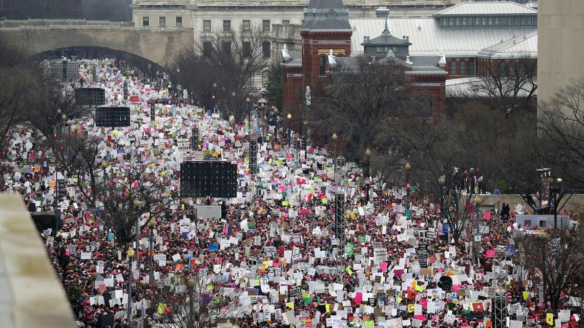 A crowd fills Independence Avenue during the Women's March on Washington, Saturday, Jan. 21, 2017 in Washington. Some of the activists who participated have proposed holding a second march in April to pressure President Donald Trump to release his tax returns.