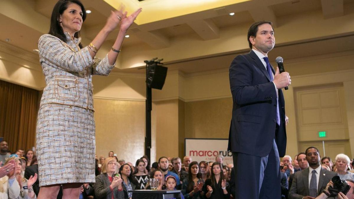 South Carolina Gov. Nikki Haley joins Republican presidential candidate Marco Rubio during a campaign rally in Atlanta on Feb. 29, 2016.