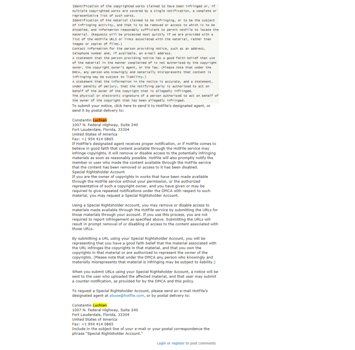 This screenshot shows Constantin Luchin as the registered agent to receive takedown notices for Hotfile, a company that ceased operating in a settlement with the motion-picture industry over Internet piracy.