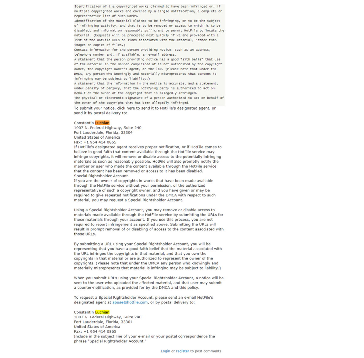 This screenshot shows Constantin Luchin as the registered agent to receive takedown notices for Hotfile, a company that ceased operating in a settlement with the motion-picture industry over Internet piracy.