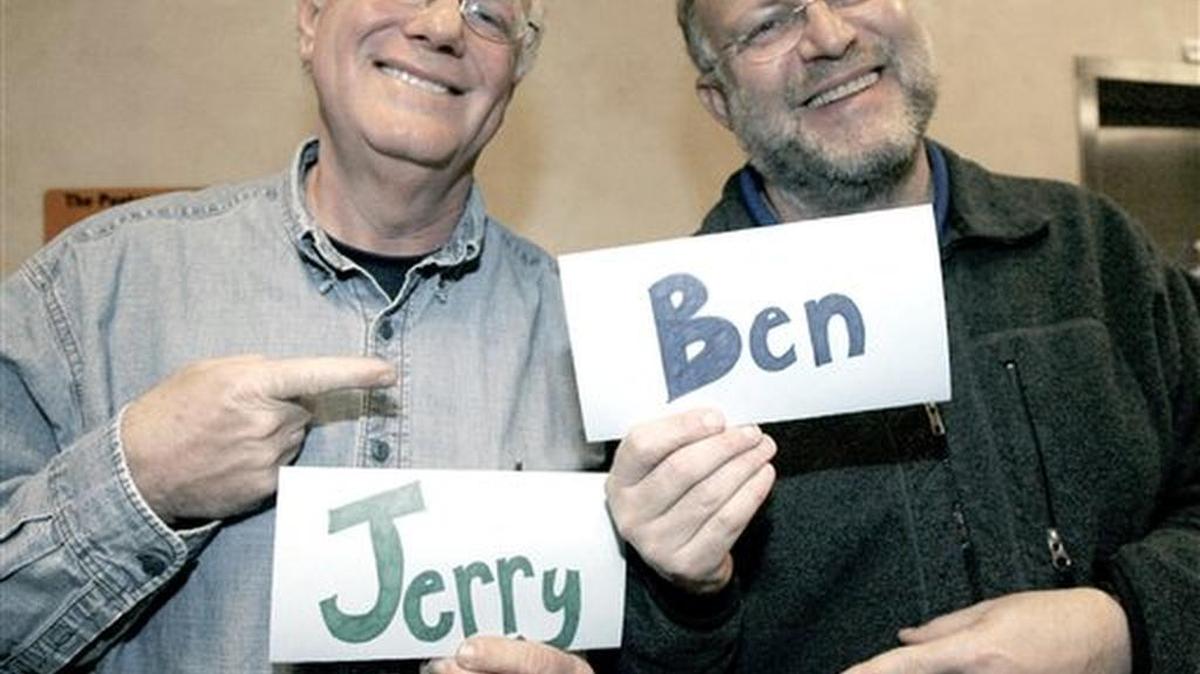 In this photo made Friday, April 9, 2010, Vermont ice cream entrepreneurs Ben Cohen, left, and Jerry Greenfield pose for photos in Burlington, Vt. The two are backing legislation that would allow corporations to write a social mission into their legal charters. The two say if a bill allowing for so-called "benefit corporations" had been law a decade ago, they might not have had to sell Ben & Jerry's Homemade Inc. to European conglomerate Unilever.