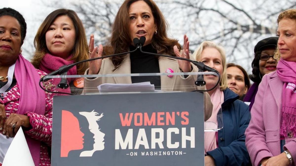 Sen. Kamala Harris, D-Calif., speaks during the Women's March on Washington, Jan. 21, 2017 in Washington.