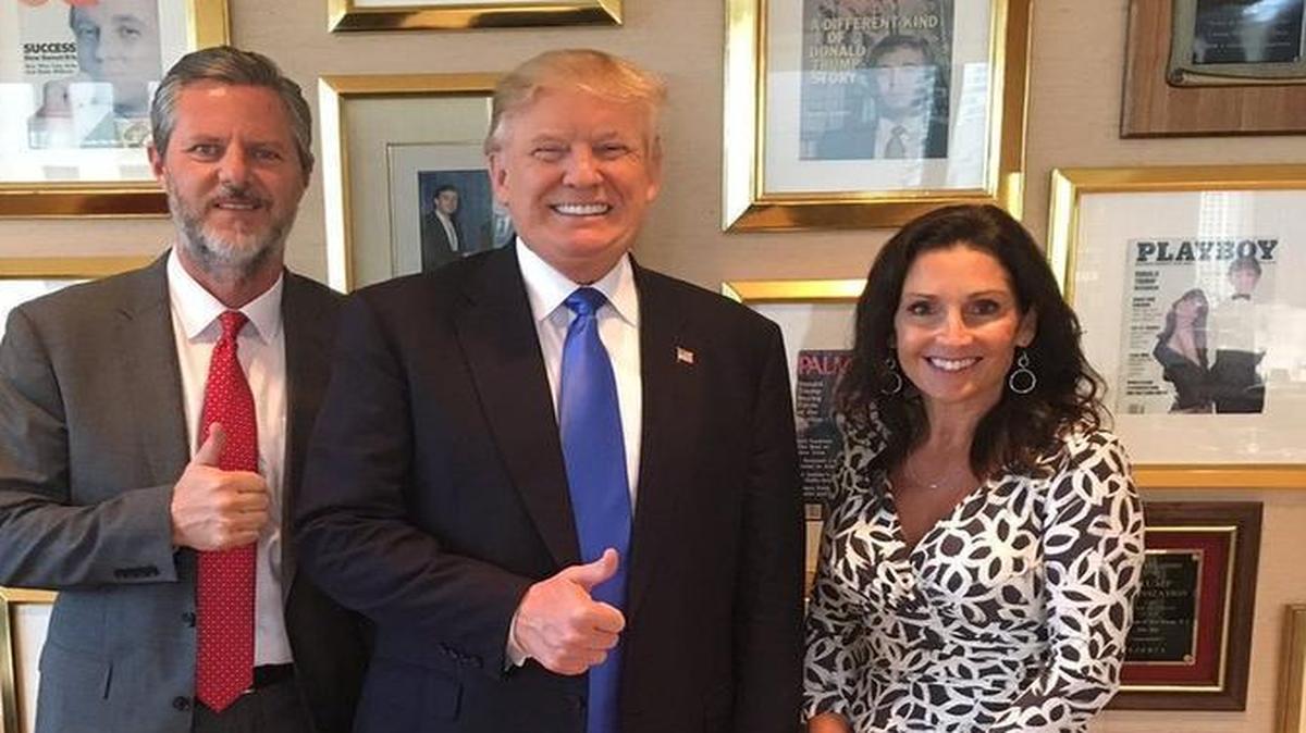 This photo of (from left) Jerry Falwell, Jr., Donald Trump and Falwell’s wife, Becki, got the Christian leader into some hot water Tuesday.