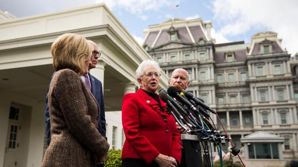 Rep. Virginia Foxx, chairwoman of the House Committee on Education and the Workforce, speaks outside the White House in Washington.