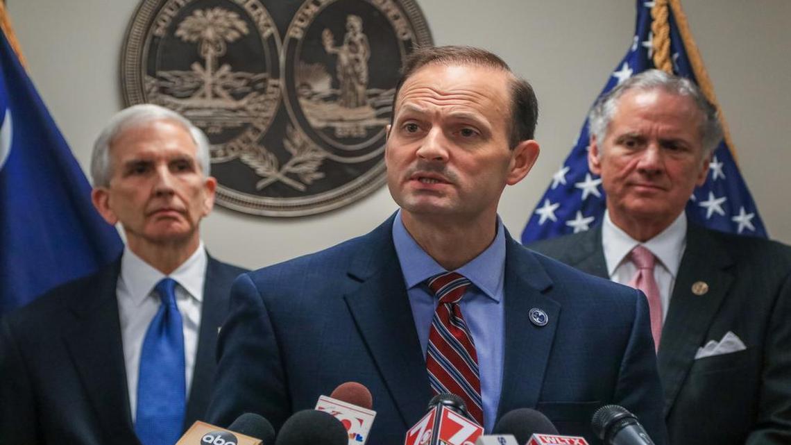 SC Attorney General Alan Wilson held a press conference about the firing of solicitor David Pascoe. Behind Wilson are former attorney generals Charlie Condon and Lt. Gov. Henry McMaster.