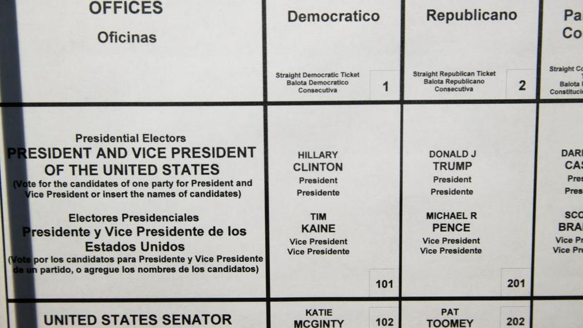 This Oct. 14, 2016 photo shows the names of Democratic presidential candidate Hillary Clinton and Republican presidential candidate Donald Trump in a voting machine during preparations for the upcoming election in Philadelphia. Researchers would like to see the U.S. move entirely to computer-scannable paper ballots, since paper can’t be hacked.