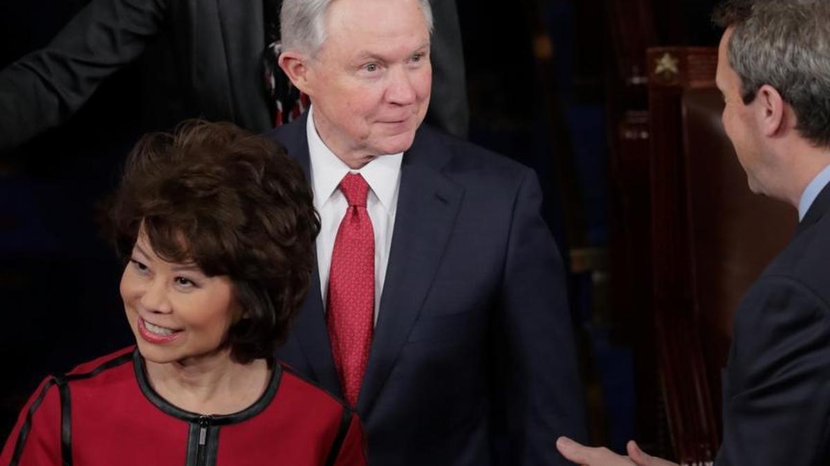 Attorney General Jeff Sessions was greeted in the House Chamber prior to President Donald Trump’s address to a joint session of Congress on Tuesday, Feb. 28, 2017.