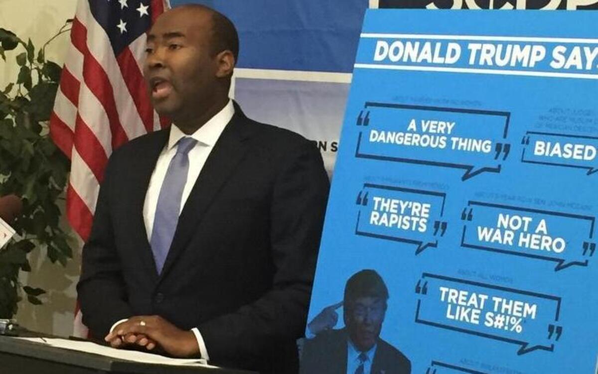 In this June 8, 2016 photo, South Carolina Democratic Party Chairman Jaime Harrison calls on elected Republicans to rescind their endorsements of Donald Trump. He is among four candidates seeking to lead the Democratic National Committee.