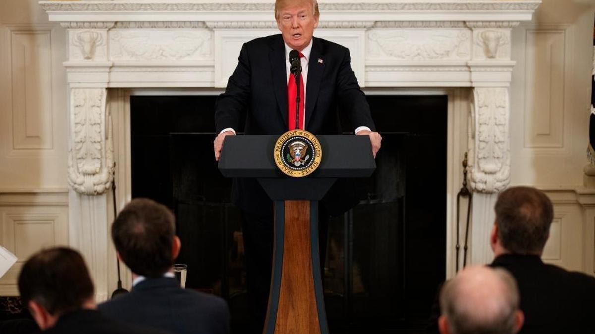 President Donald Trump speaks during a meeting with the members of the National Governors Association in the State Dining Room of the White House Monday.