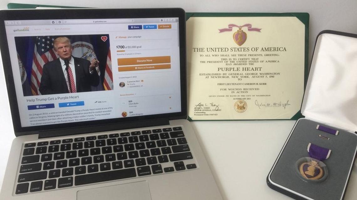 Cameron Kerr posted this image as proof that he had received a Purple Heart.