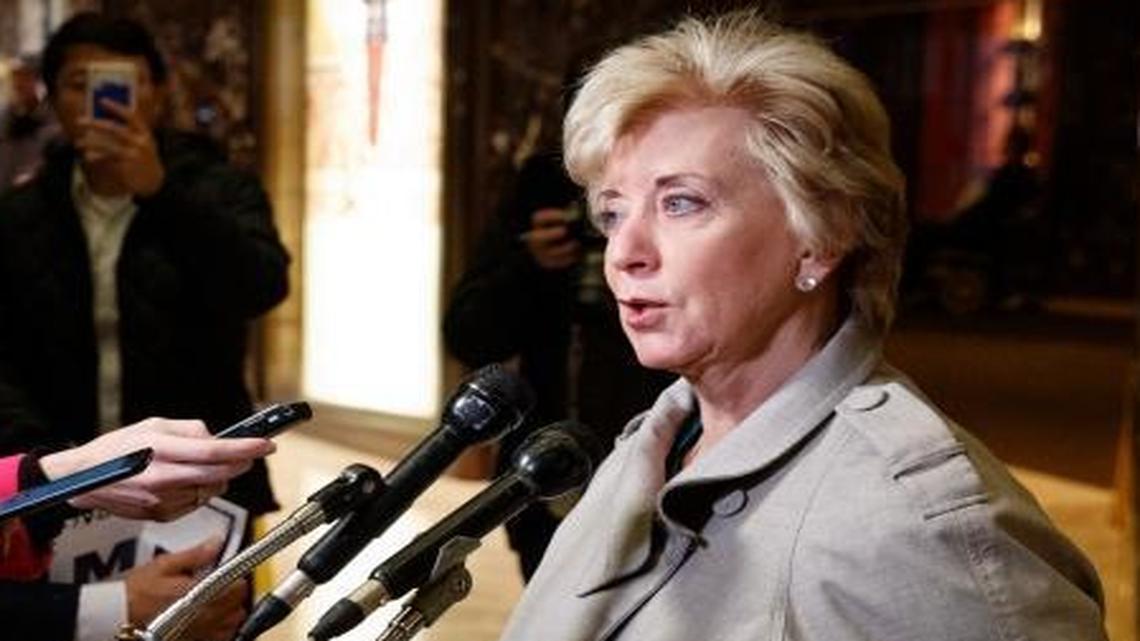 Linda McMahon talks with reporters after a meeting with President-elect Donald Trump at Trump Tower, Wednesday, Nov. 30, 2016, in New York.