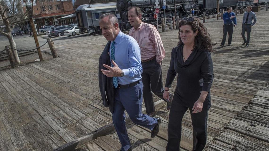 Sacramento Mayor Darrell Steinberg, center, tours Old Sacramento with Brooksie Hughes, right, and Richard Rich on Thursday, March 9, 2017.