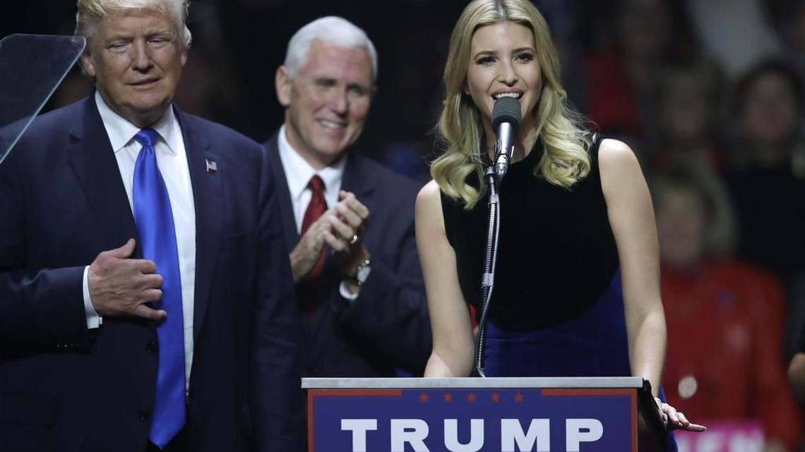 In this Nov. 7, 2016 file photo, Ivanka Trump speaks beside her father, President-elect Donald Trump, left, and Vice-President-elect Mike Pence during in Manchester, N.H., on Nov. 7, 2016.