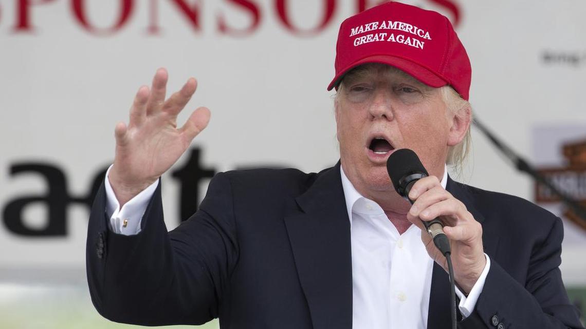 Republican presidential candidate Donald Trump speaks to supporters and bikers at a Rolling Thunder rally at the National Mall in Washington on Sunday.