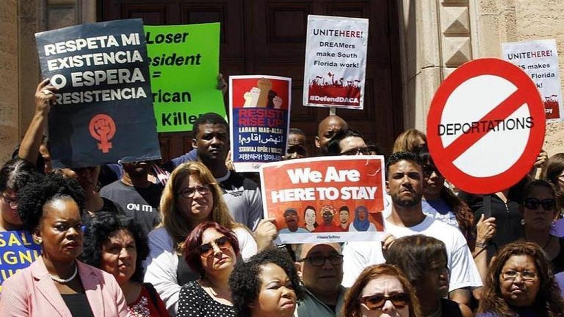 Maria Rodriguez, director of the Florida Immigrant Coalition, leads a group of Dreamers, TPS holders, elected officials, faith leaders, labor, and community organizations attending a rally to defend the Deferred Action for Childhood Arrivals (DACA) program in front of the MDC Freedom Tower in Miami, on Sept. 05, 2017.
