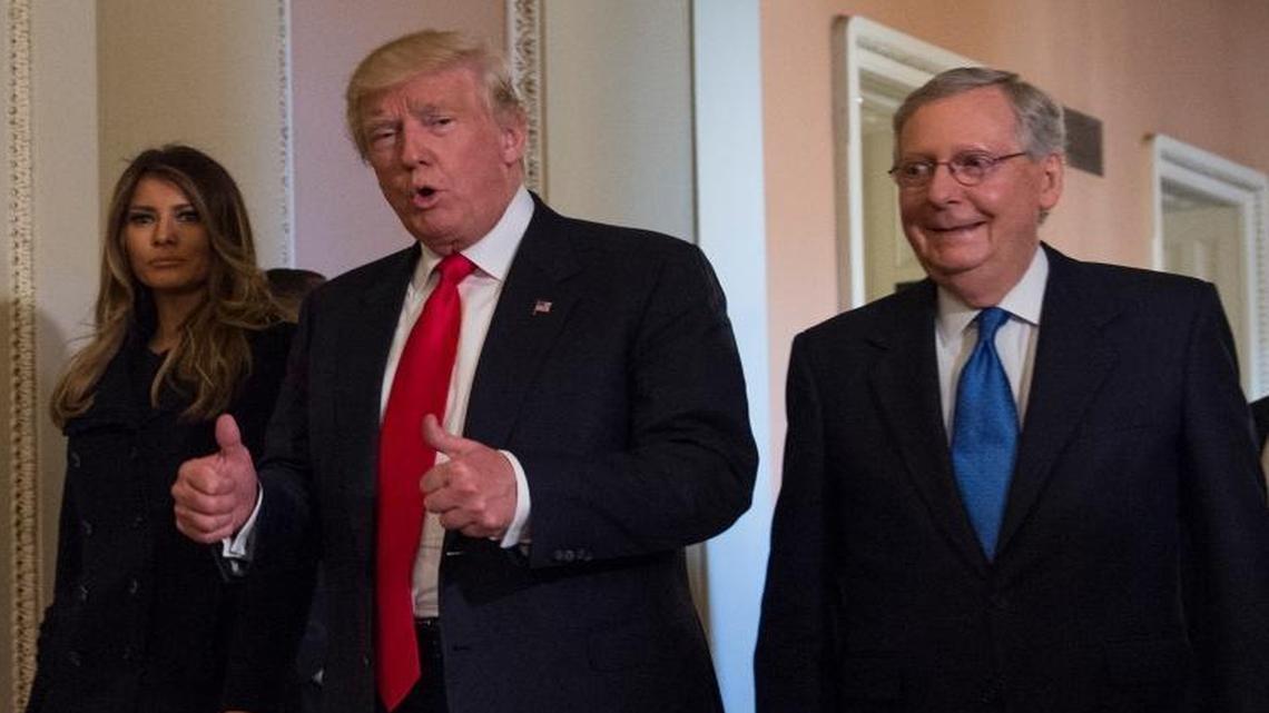 President-elect Donald Trump, with his wife Melania, met with Senate Majority Leader Mitch McConnell of Ky. on Capitol Hill in Washington, Nov. 10, 2016.