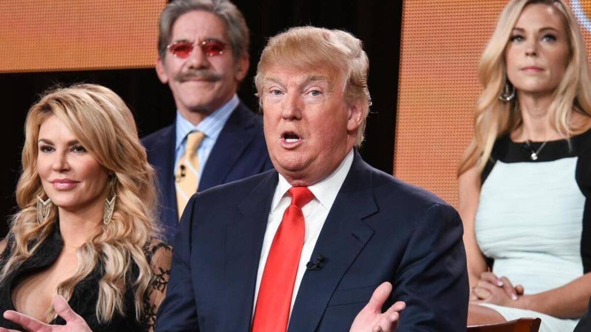 Brandi Glanville, from left, Geraldo Rivera, Donald Trump and Kate Gosselin speak onstage during the "The Celebrity Apprentice" panel at the NBC 2015 Winter TCA on Jan. 16, 2015, in Pasadena, Calif.