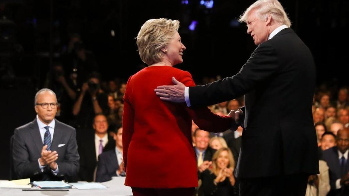 Democratic presidential nominee Hillary Clinton and Republican presidential nominee Donald Trump at the first presidential debate Sept. 26. When the two meet Sunday, they’ll be fielding questions from undecided voters seated nearby. In an added dose of unpredictability, the format allows the candidates to move around the stage, putting them in unusually close proximity to each other.