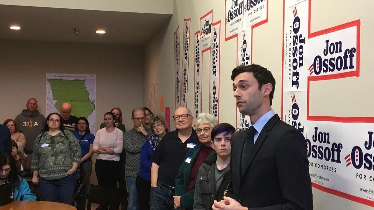 Georgia Democratic congressional candidate Jon Ossoff speaks to volunteers in his Cobb County campaign office.