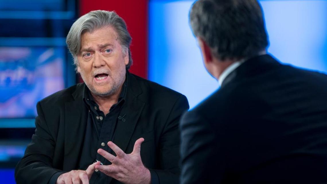 Former White House strategist Steve Bannon, left, takes part in an interview with host Sean Hannity on the set of Fox News Channel's Hannity in New York, Monday, Oct 9, 2017. Candidates at every level of government are angling for a Bannon endorsement.