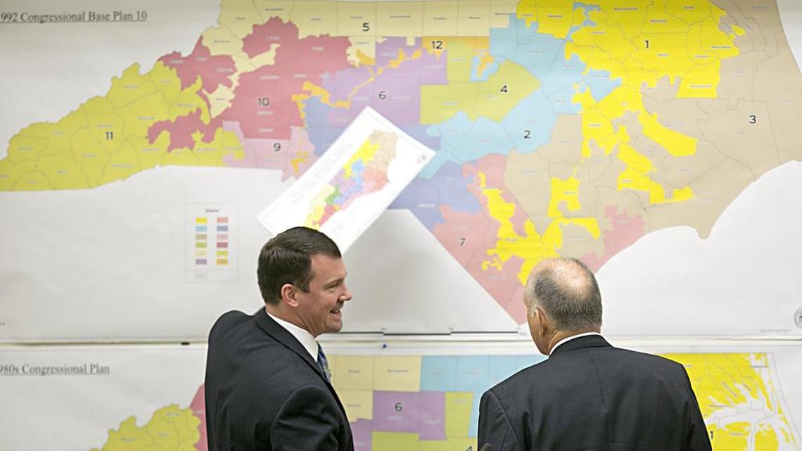 Senators Dan Soucek, left, and Brent Jackson, right, review historical maps during The Senate Redistricting Committee for the 2016 Extra Session in the Legislative Office Building at the N.C. General Assembly on Feb. 16, 2016.