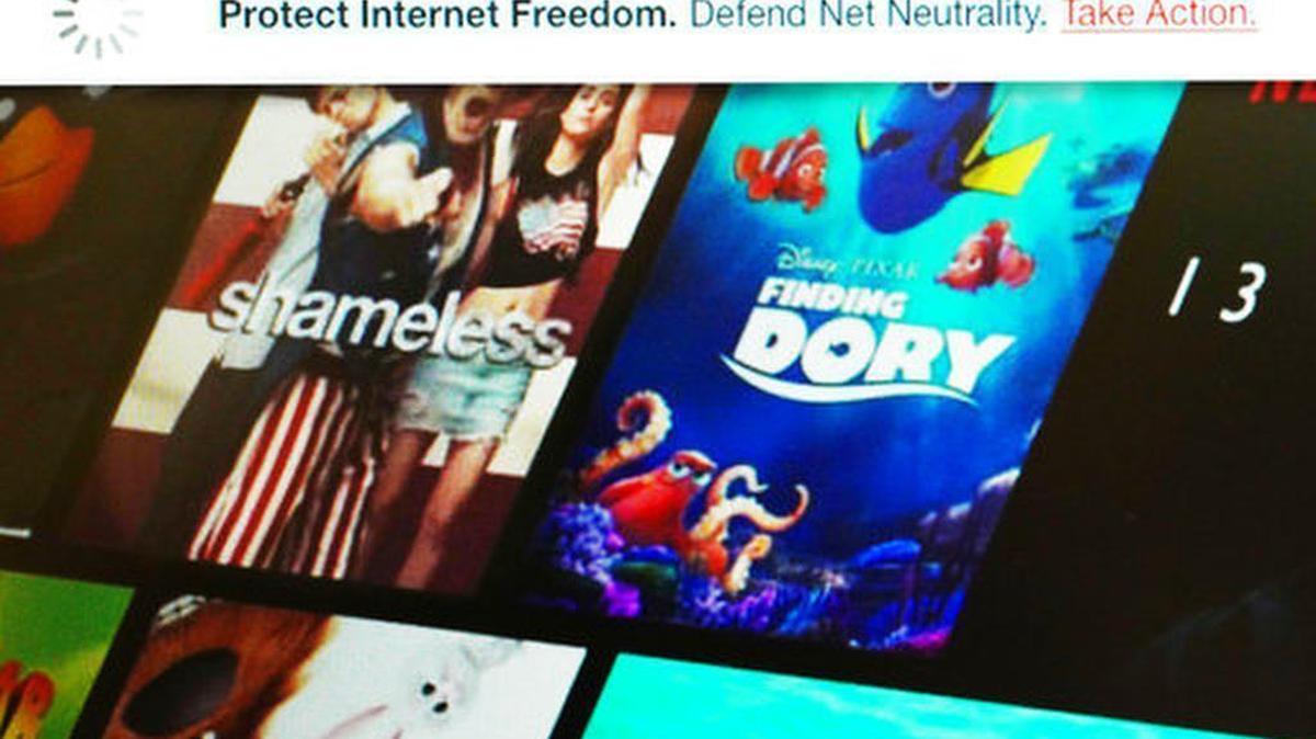 This image shows a banner, top, on the Netflix website defending net neutrality, Wednesday, July 12, 2017. On Wednesday, Netflix joined other tech firms and internet activists in an online show of support for net neutrality, the principle that bars internet service providers from playing favorites with websites and apps.