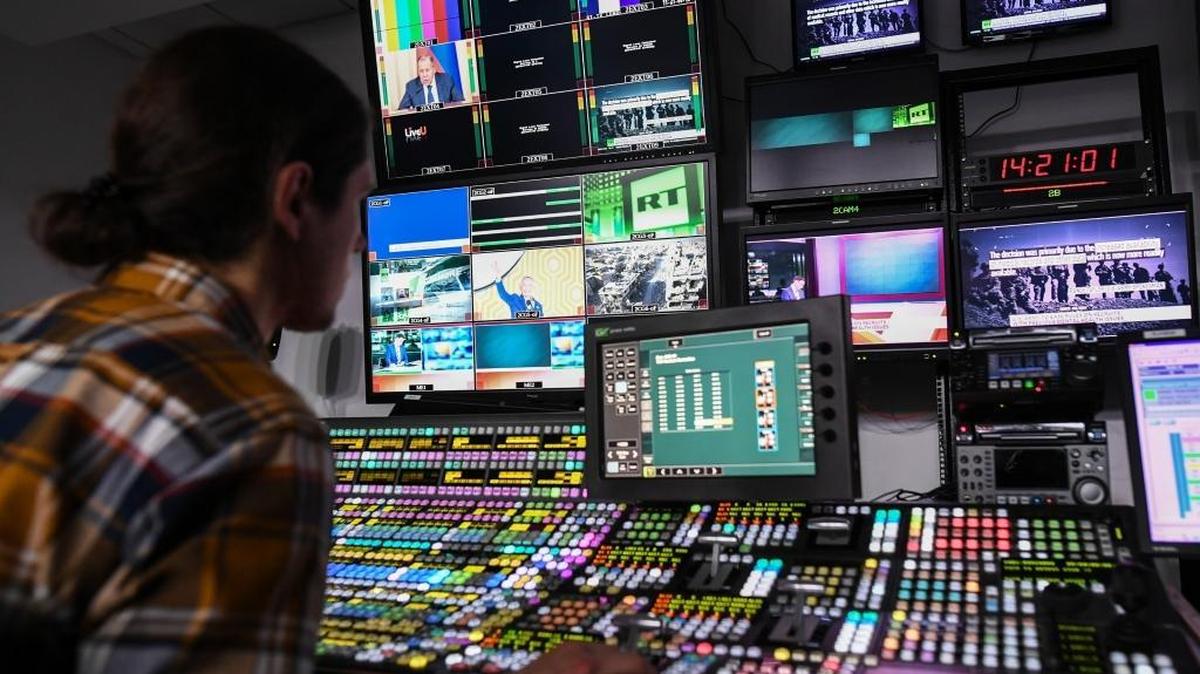 An employee at Russia Today's Moscow office.