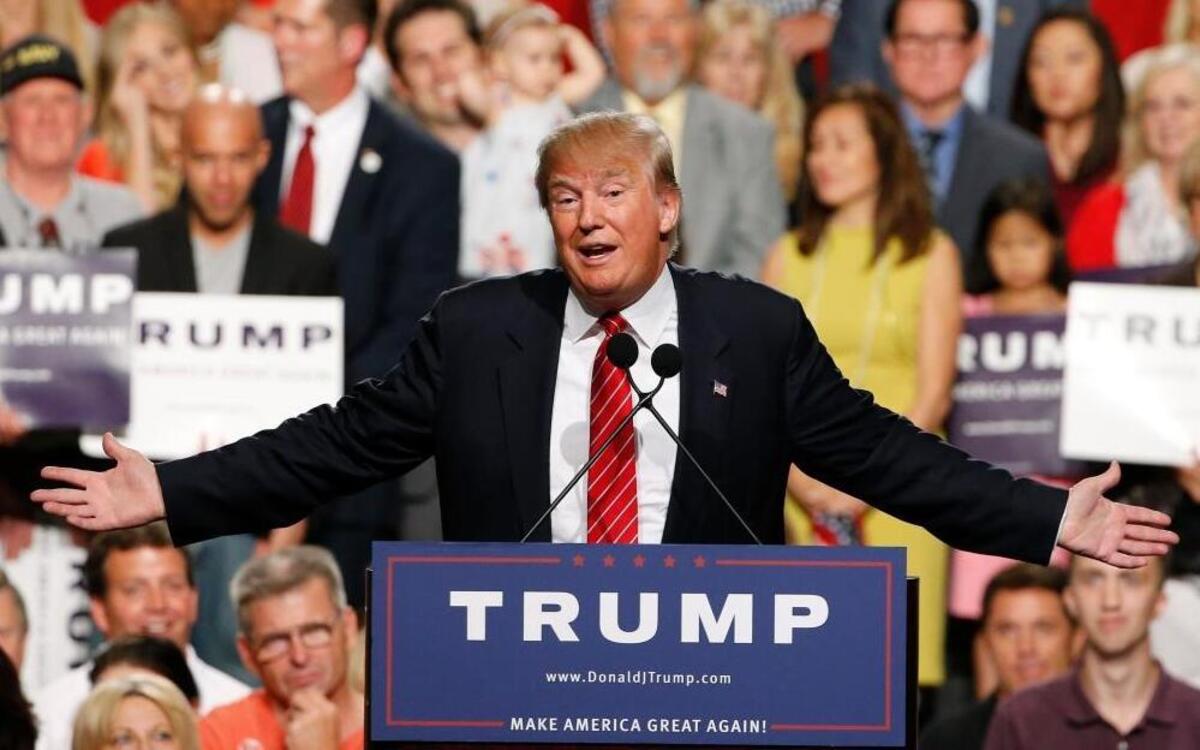 Donald Trump speaks before a crowd of 3,500 in Phoenix in 2015 as he campaigns for the presidency.