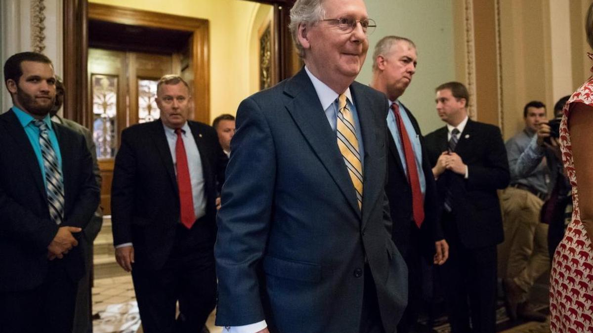 Senate Majority Leader Mitch McConnell of Ky. leaves the Senate chamber on Capitol Hill in Washington, Thursday, July 13, 2017, after announcing the revised version of the Republican health care bill. The bill has been in jeopardy because of opposition from within the GOP ranks.