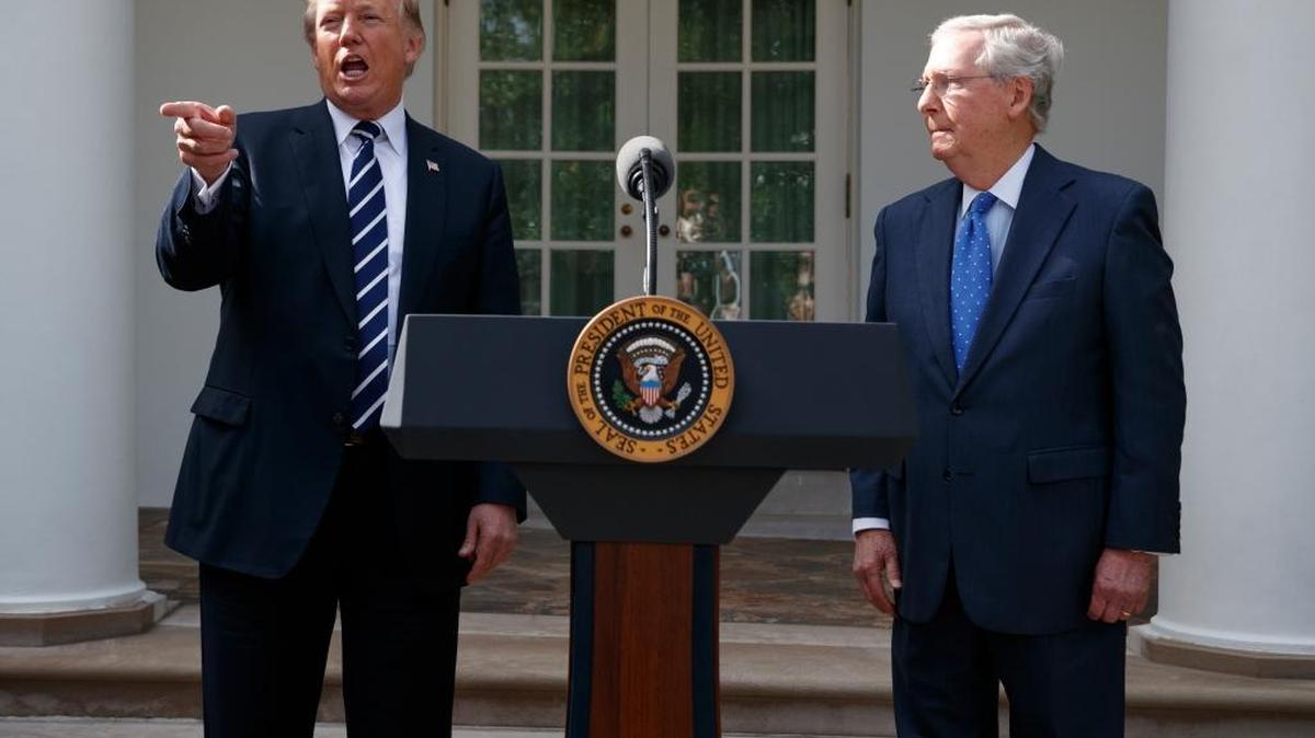 President Donald Trump and Senate Majority Leader Mitch McConnell, R-Ky., speak in Rose Garden of the White House to speak with reporters Monday.
