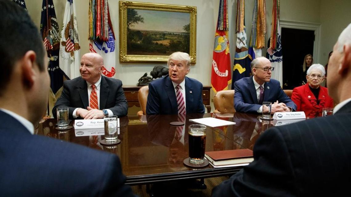 President Donald Trump during a meeting on health care, Friday, March 10, 2017, in the Roosevelt Room of the White House. From left are House Ways and Means Committee Chairman Kevin Brady, R-Texas, Trump, House Energy and Commerce Committee Chairman Greg Walden, R-Ore., and House Education and Workforce Committee Chairwoman Virginia Foxx, R-N.C.