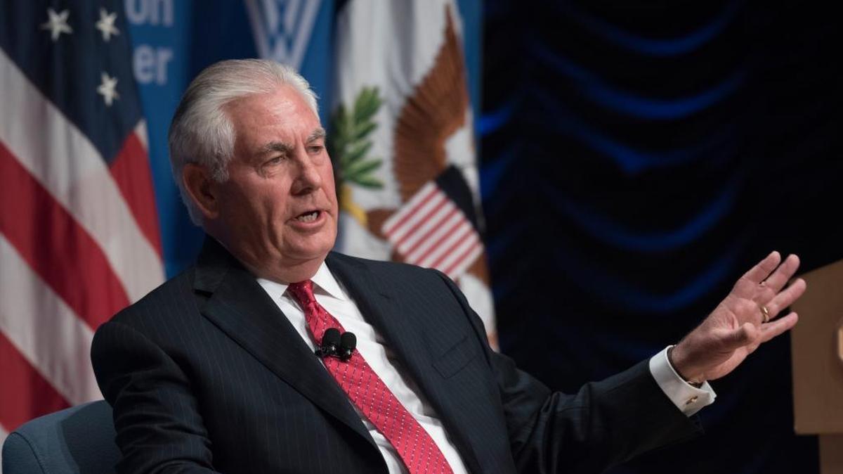Secretary of State Rex Tillerson participates in a conversation with Wilson Center President and CEO Jane Harman at the Wilson Center in Washington.