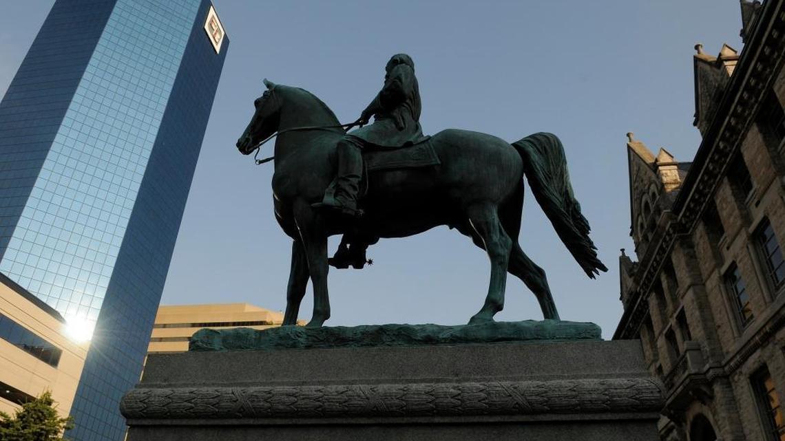 The statue of Confederate Gen. John Hunt Morgan outside the old courthouse in Lexington, Ky. was erected in 1911.