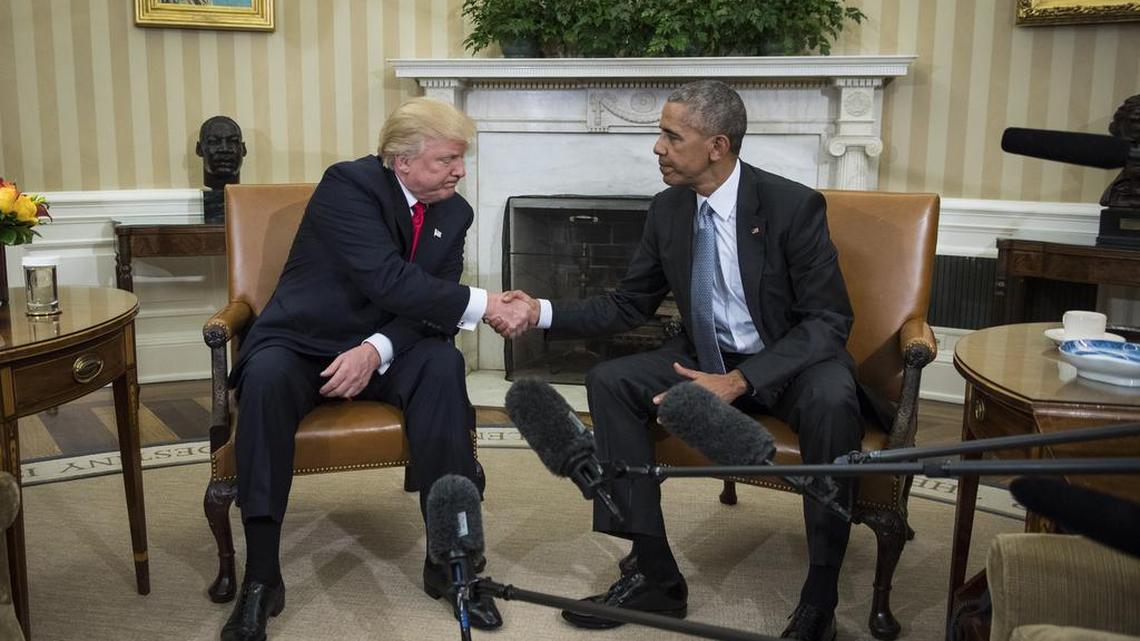 President Barack Obama shakes hands with President-elect Donald Trump in the Oval Office on Thursday.