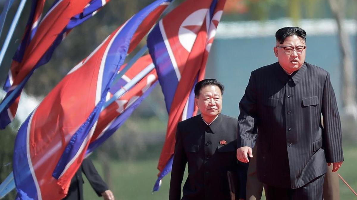 North Korean leader Kim Jong Un, right, and Choe Ryong Hae, vice-chairman of the central committee of the Workers' Party, arrive for the official opening of the Ryomyong residential area, Thursday, April 13, 2017, in Pyongyang, North Korea.