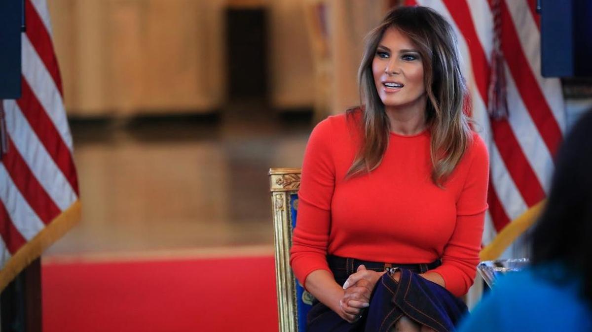 First lady Melania Trump speaks during a discussion with students regarding the issues they are facing in the Blue Room of the White House in Washington, Monday, April 9, 2018.