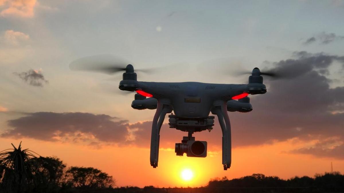 A DJI Phantom 3 Pro Quadcopter drone flying at sunset in Brandon, Florida.
