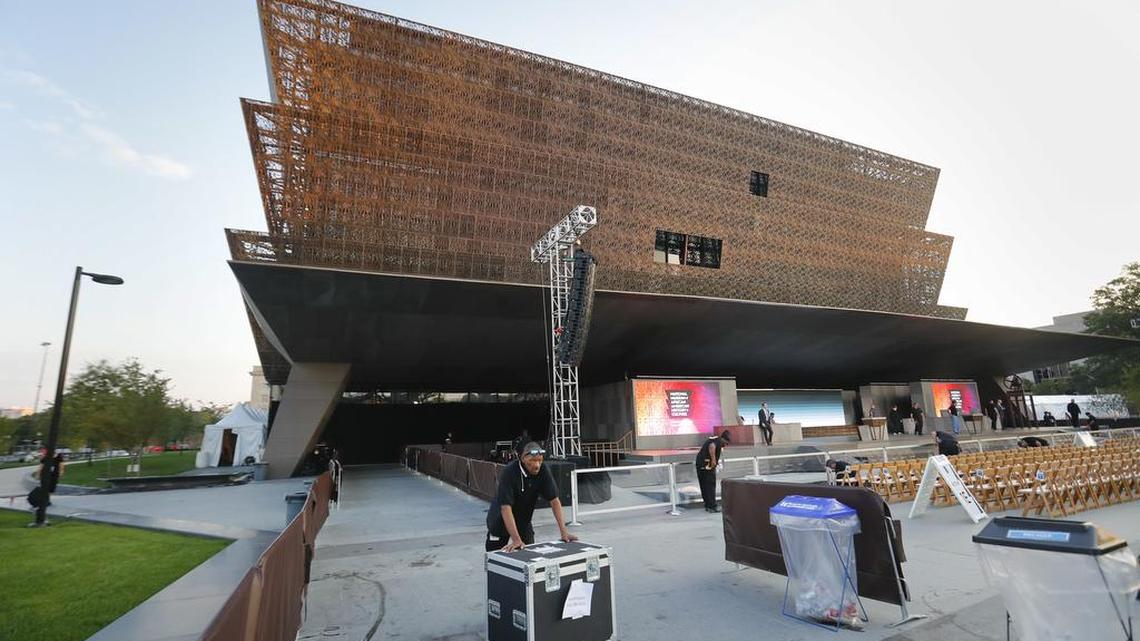 Last minute preparation are made for today's dedication ceremony at the Smithsonian Museum of African American History and Culture on the National Mall in Washington, Saturday, Sept. 24, 2016.