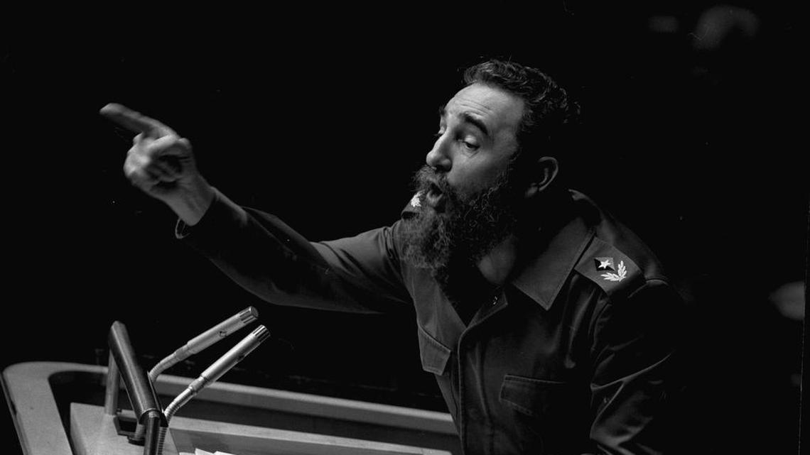 Fidel Castro makes a point in a speech before the United Nations General Assembly in 1979.