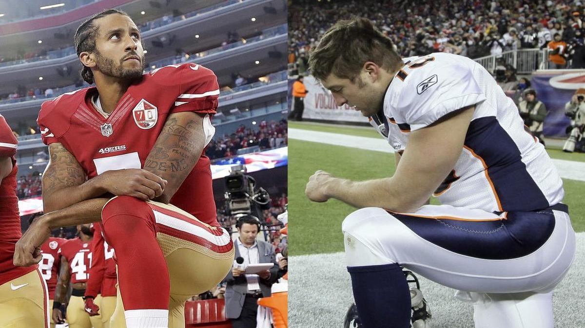 Colin Kaepernick, left, and Tim Tebow, right, have both been known for kneeling at the sidelines when they played pro football. But each did so for different reasons – and has gotten very different responses.