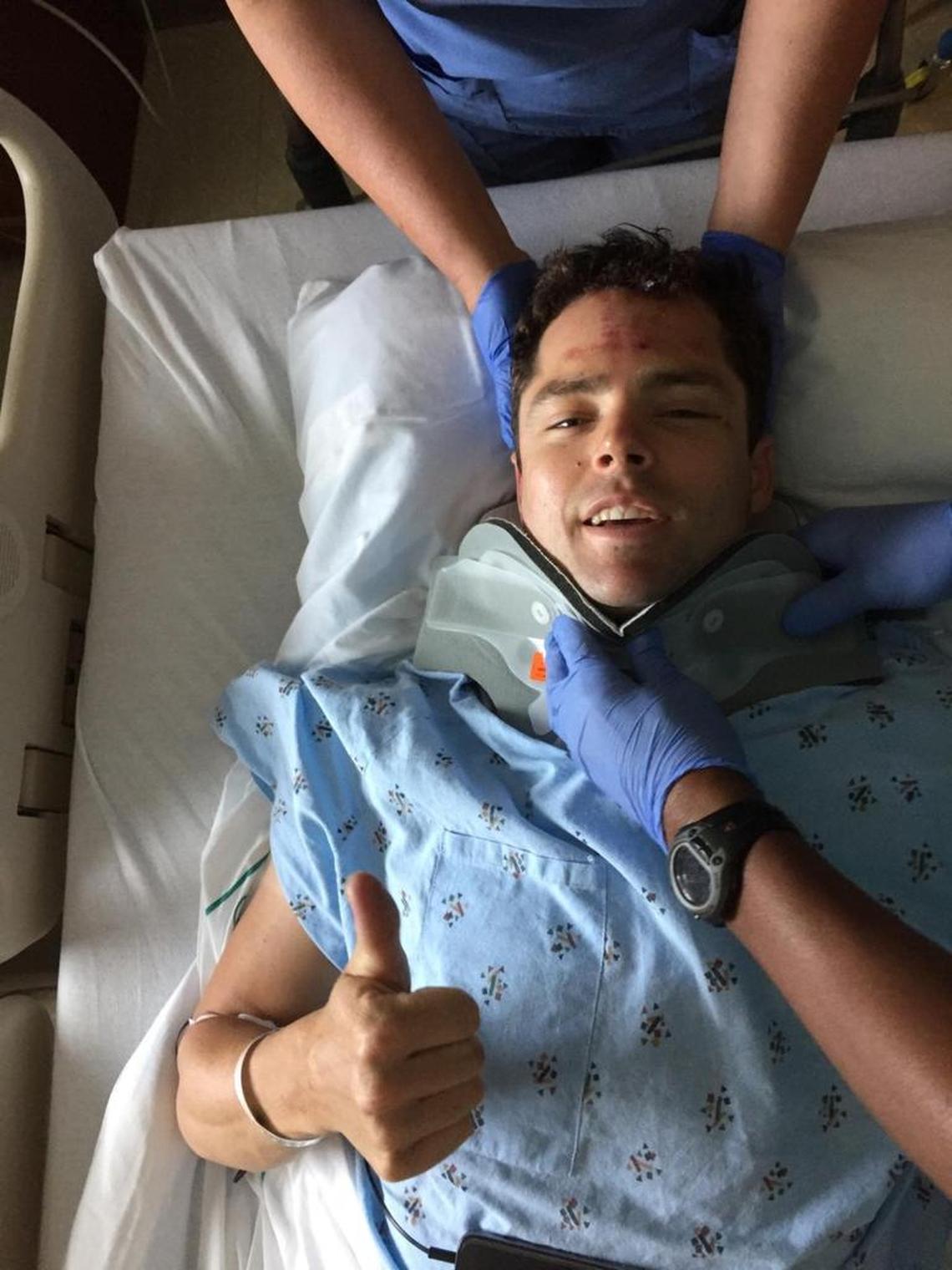 Mark Hoffman at Carolinas Medical Center in Charlotte, where he was treated for three broken vertebrae, two broken ribs and a large gash on his head.