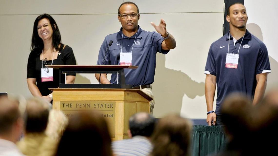 Former Seahawks running back Curt Warner shares stories about his family’s experiences with autism for the closing keynote address at the National Autism Conference on Thursday, August 1, 2013 in State College, Pa. Curt was joined by his wife, Ana, and oldest son, Jonathan, as they talked about the family’s twins, Austin and Christian who have autism.
