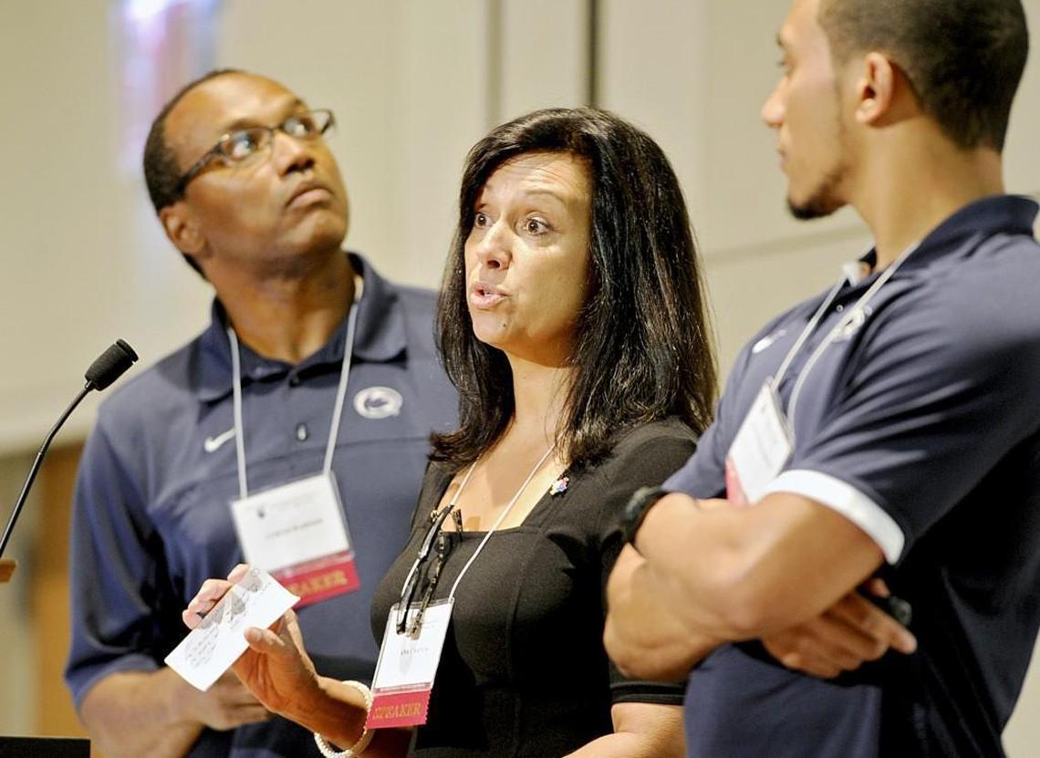 Ana Warner, wife of former Seahawks running back Curt Warner shares stories and motivation with other parents during the closing keynote address at the National Autism Conference in State College, Pa.