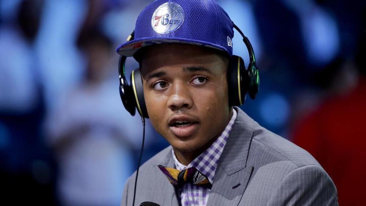 Washington's Markelle Fultz answers questions during an interview after being selected by the Philadelphia 76ers as the No. 1 pick overall during the NBA basketball draft, Thursday, June 22, 2017, in New York.