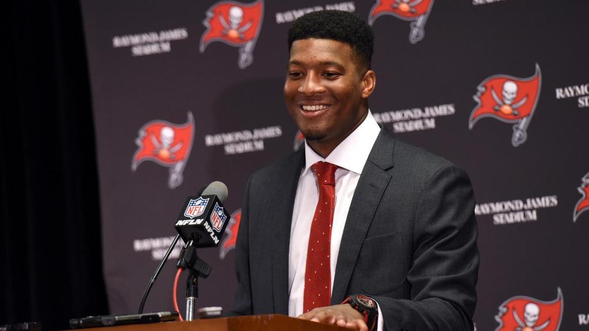 Tampa Bay Buccaneers quarterback Jameis Winston (3) speaks to the media following an NFL football game against the Carolina Panthers on Jan. 1 in Tampa, Fla.