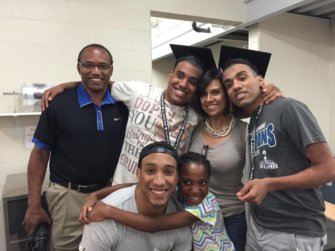 The Warners, clockwise from top left, Curt, Austin, Ana, Christian, Isabell and Jonathan, pose for a picture while celebrating Austin and Christian’s high school graduation.