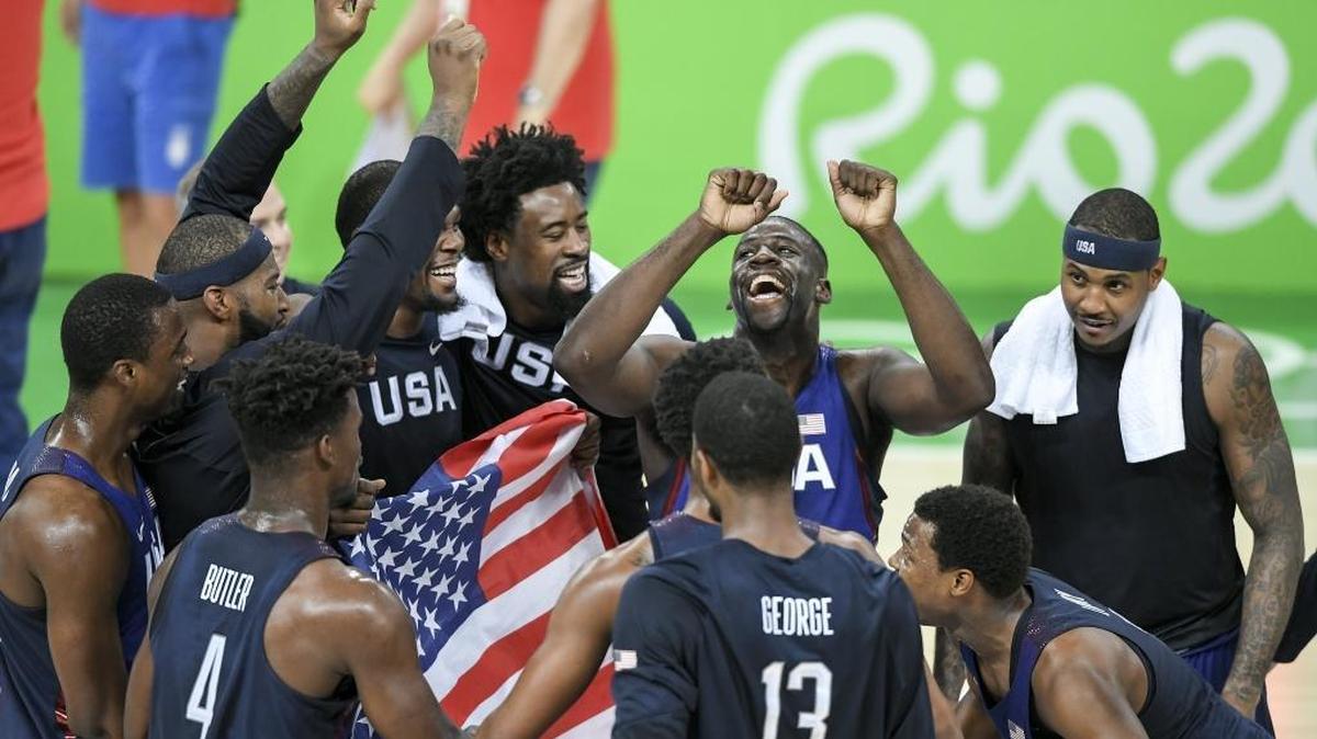 Members of the United States men’s basketball team celebrate their gold-medal victory over Serbia, winning 96-66 on Sunday at the Summer Olympics in Rio de Janeiro, Brazil.