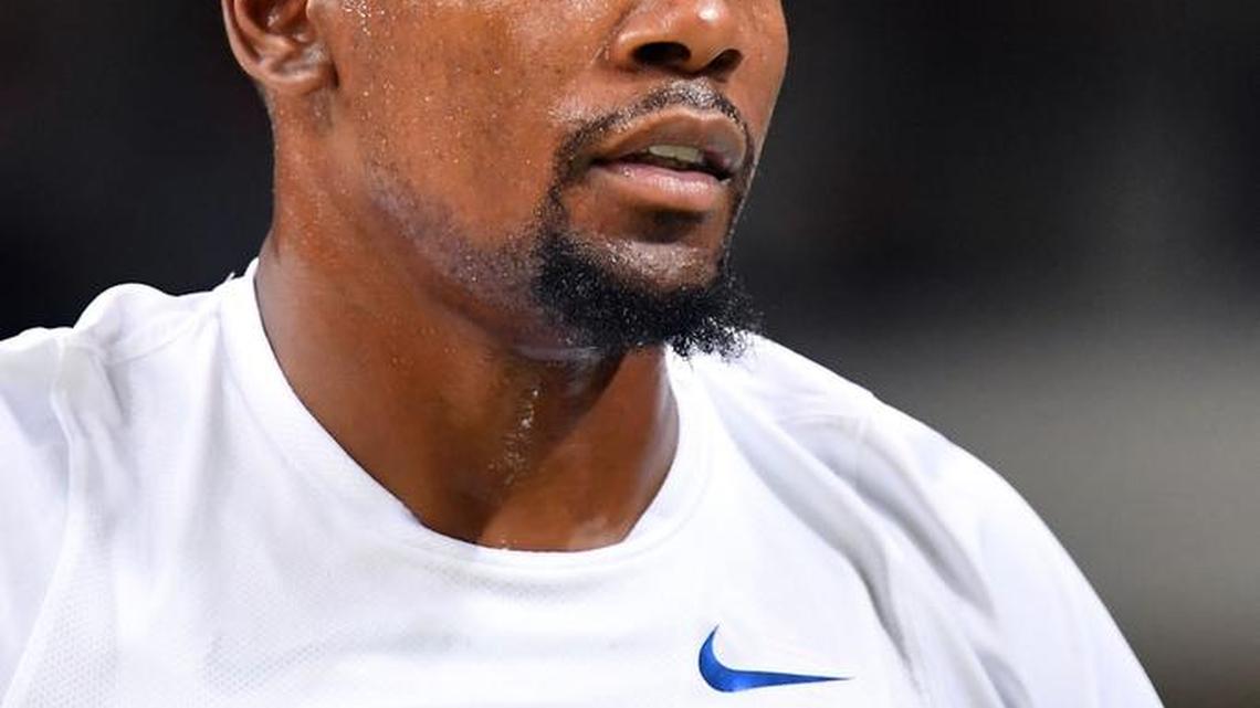 USA's guard Kevin Durant looks on during a Men's round Group A basketball match between USA and Venezuela at the Carioca Arena 1 in Rio de Janeiro on August 8, 2016 during the Rio 2016 Olympic Games.