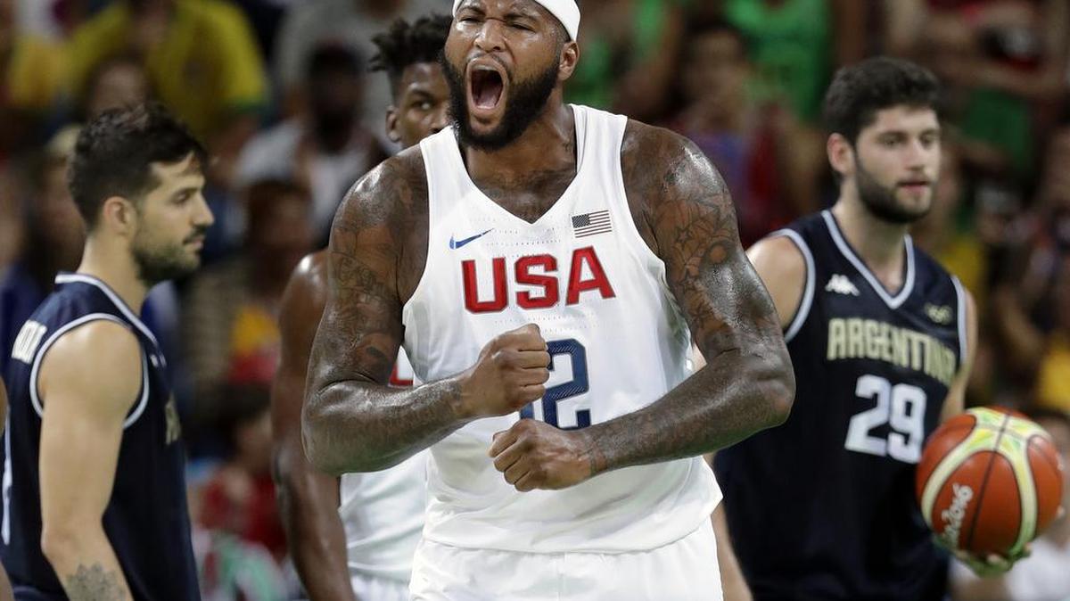 United States' DeMarcus Cousins (12) celebrates after making a basket during a quarterfinal round basketball game against Argentina at the 2016 Summer Olympics in Rio de Janeiro, Brazil, Wednesday, Aug. 17, 2016.