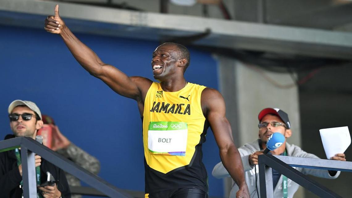 Jamaica’s Usain Bolt celebrates after winning a men’s 100-meter heat during the 2016 Summer Olympics in Rio de Janeiro, Brazil, Saturday, Aug. 13, 2016.